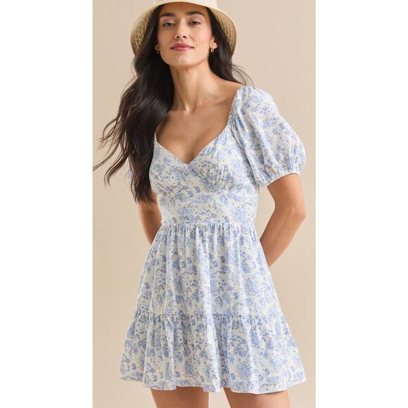 Altar’d State Brianna Blue Babydoll Milkmaid Prairie Tiered Mini Dress Medium